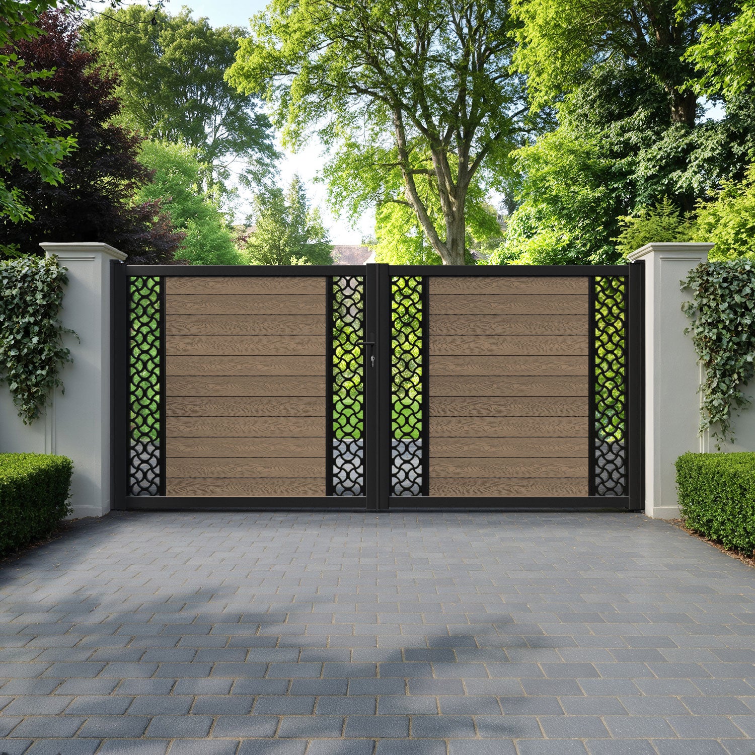 Classic Vida Straight Top Driveway Gate - Teak - Middle & End Screen