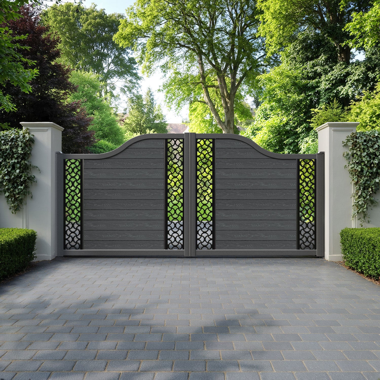 Classic Vida Curved Top Driveway Gate - Dark Grey - Middle & End Screen