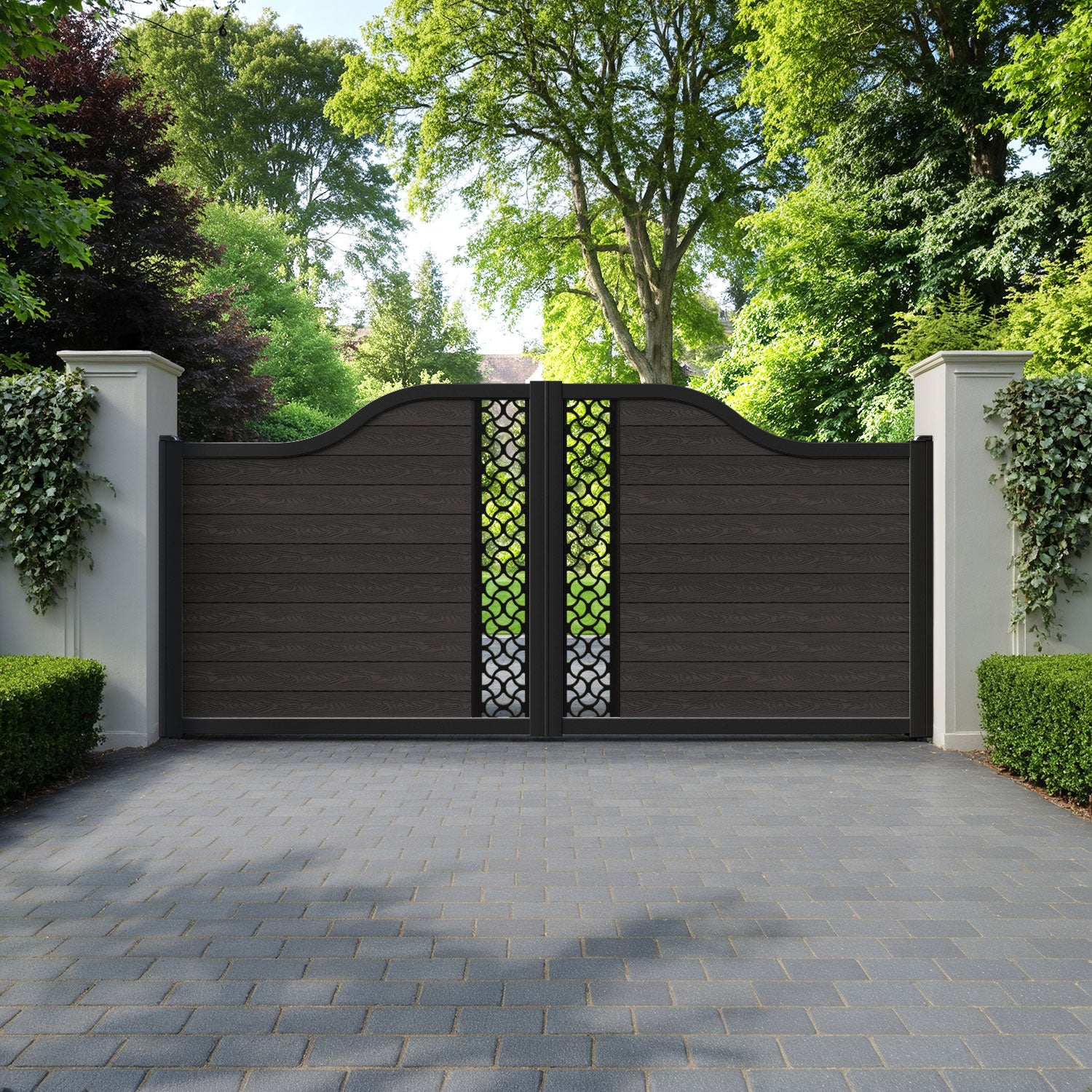 Classic Vida Curved Top Driveway Gate - Dark Oak - Middle Screen