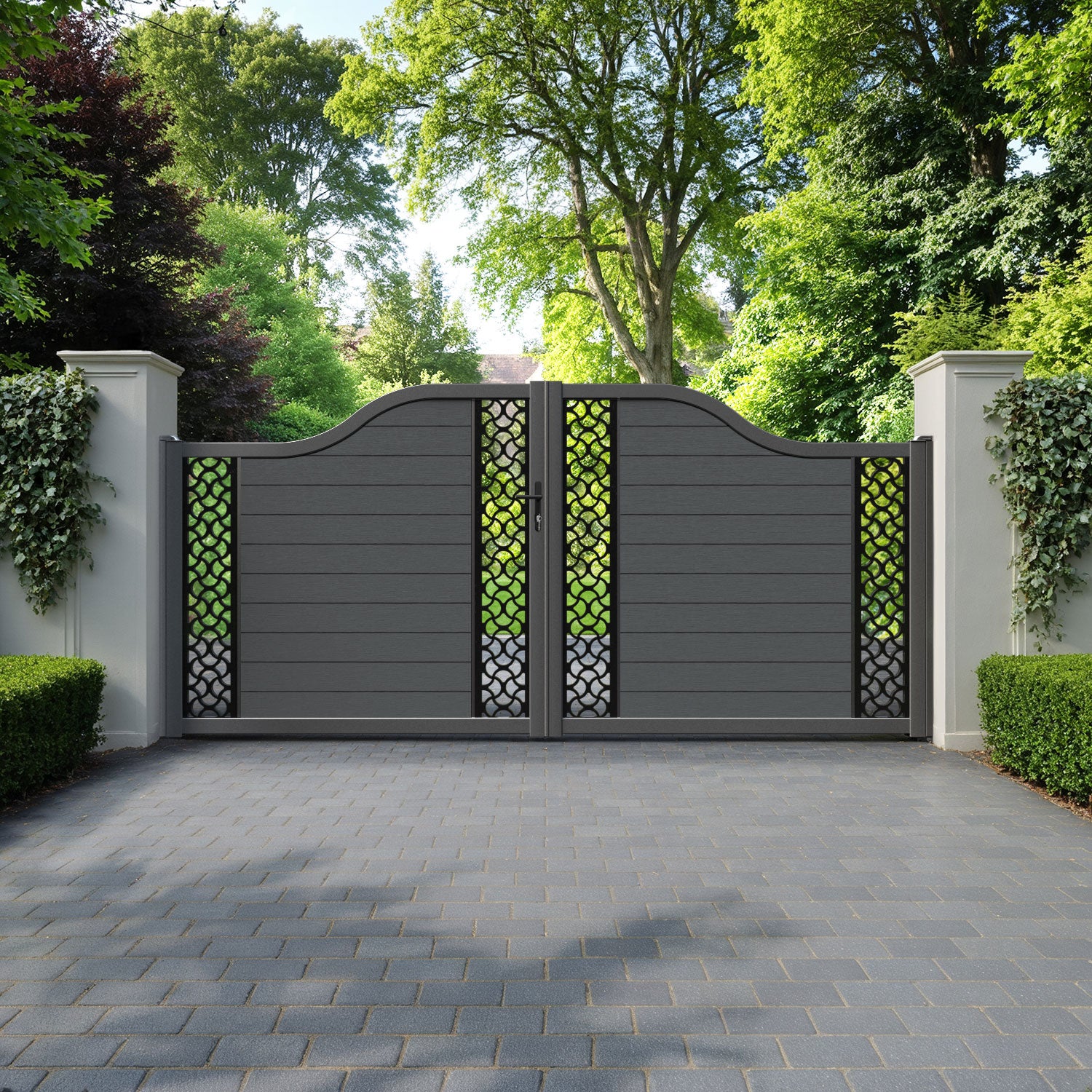 Fusion Vida Curved Top Driveway Gate - Dark Grey - Middle & End Screen