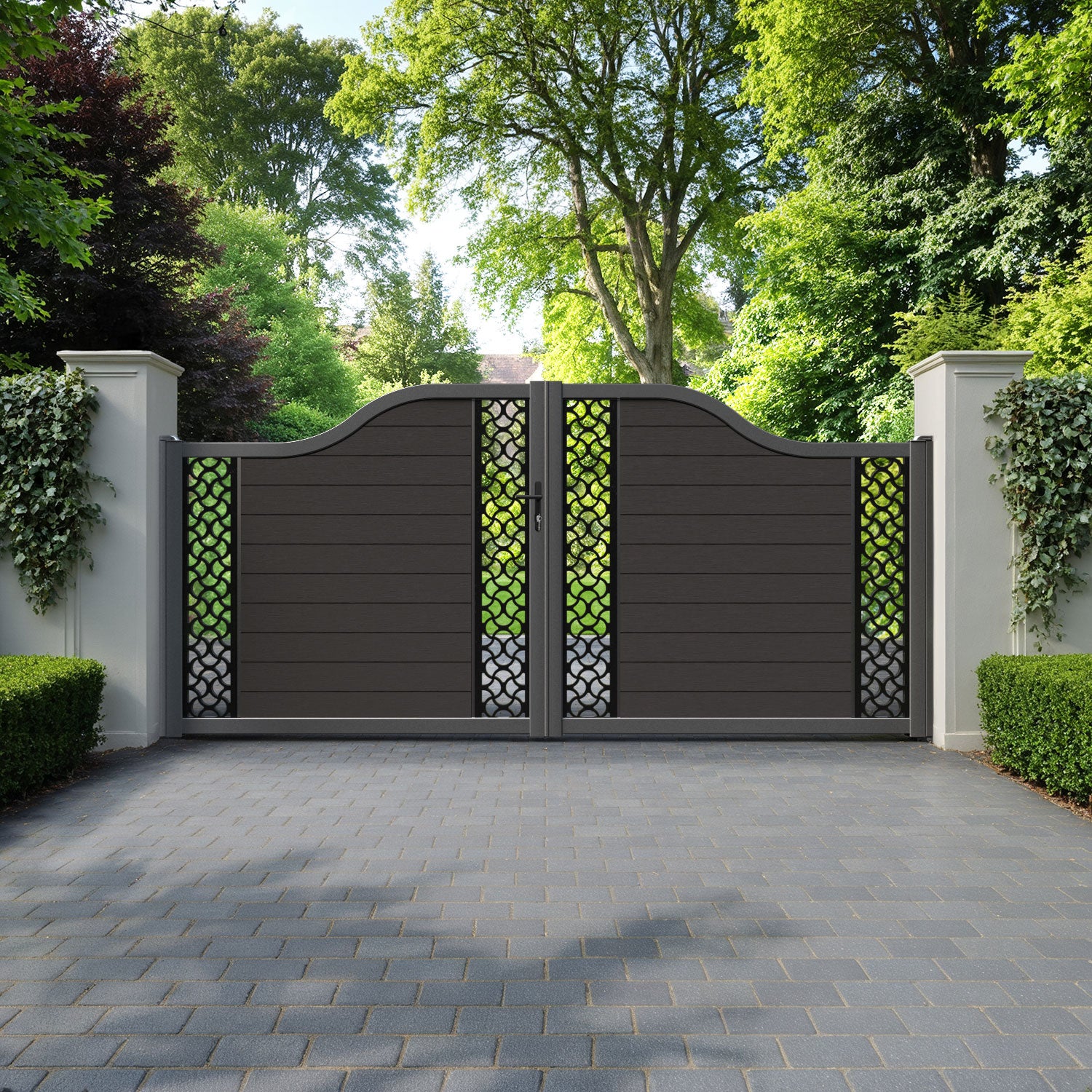 Fusion Vida Curved Top Driveway Gate - Dark Oak - Middle & End Screen