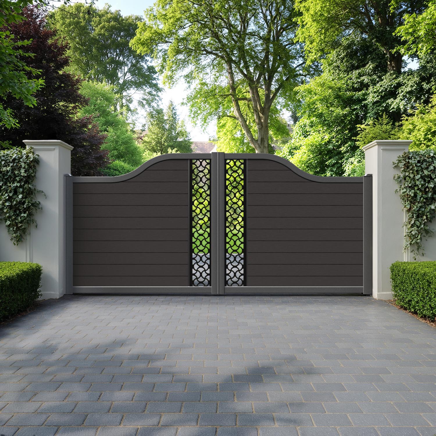 Fusion Vida Curved Top Driveway Gate - Dark Oak - Middle Screen