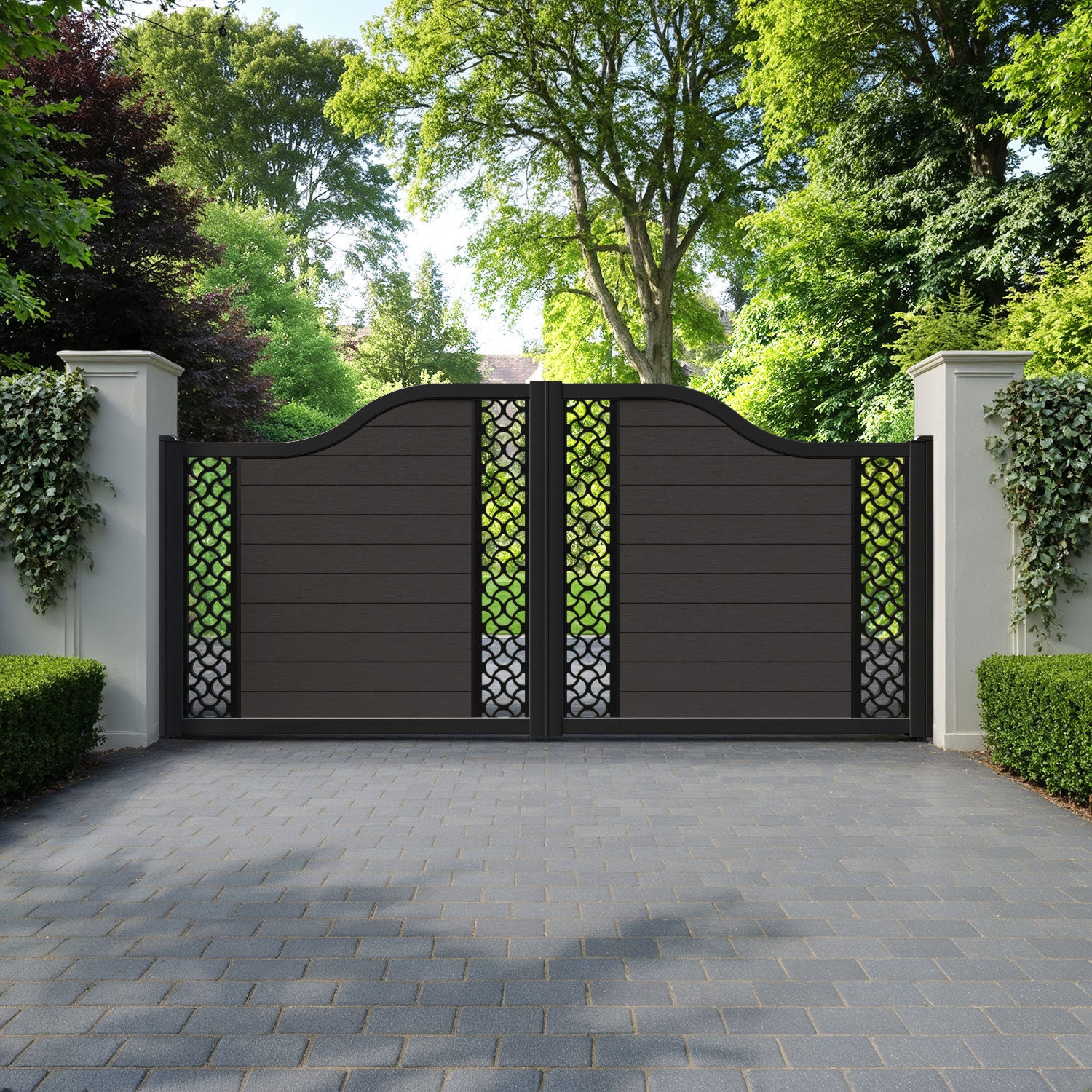 Fusion Vida Curved Top Driveway Gate - Dark Oak - Middle & End Screen