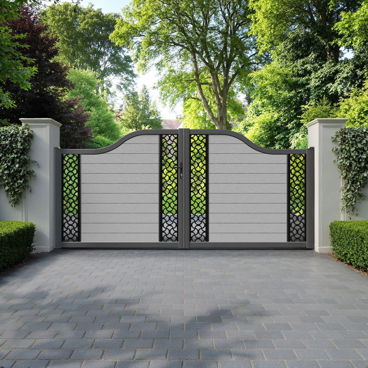 Fusion Vida Curved Top Driveway Gate - Light Grey - Middle & End Screen