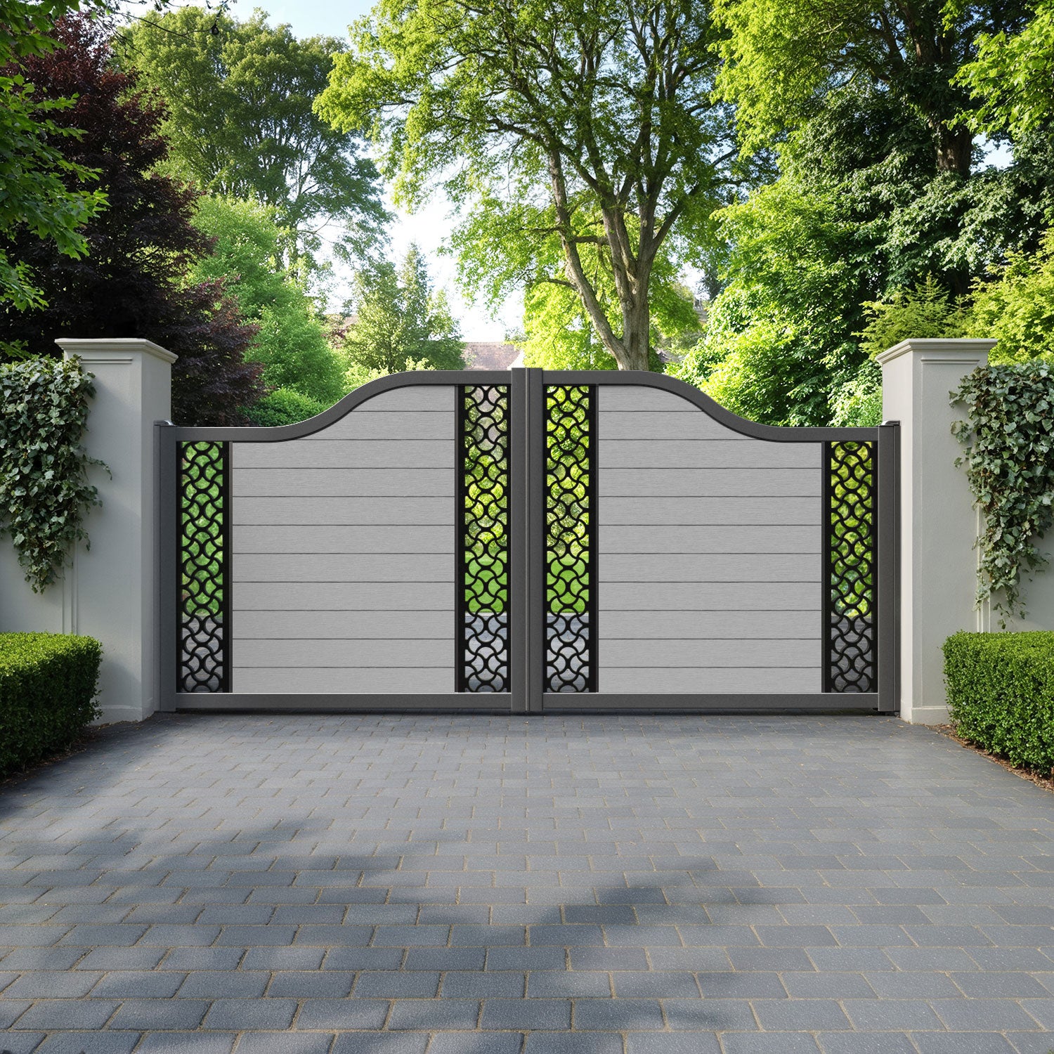 Fusion Vida Curved Top Driveway Gate - Light Grey - Middle & End Screen