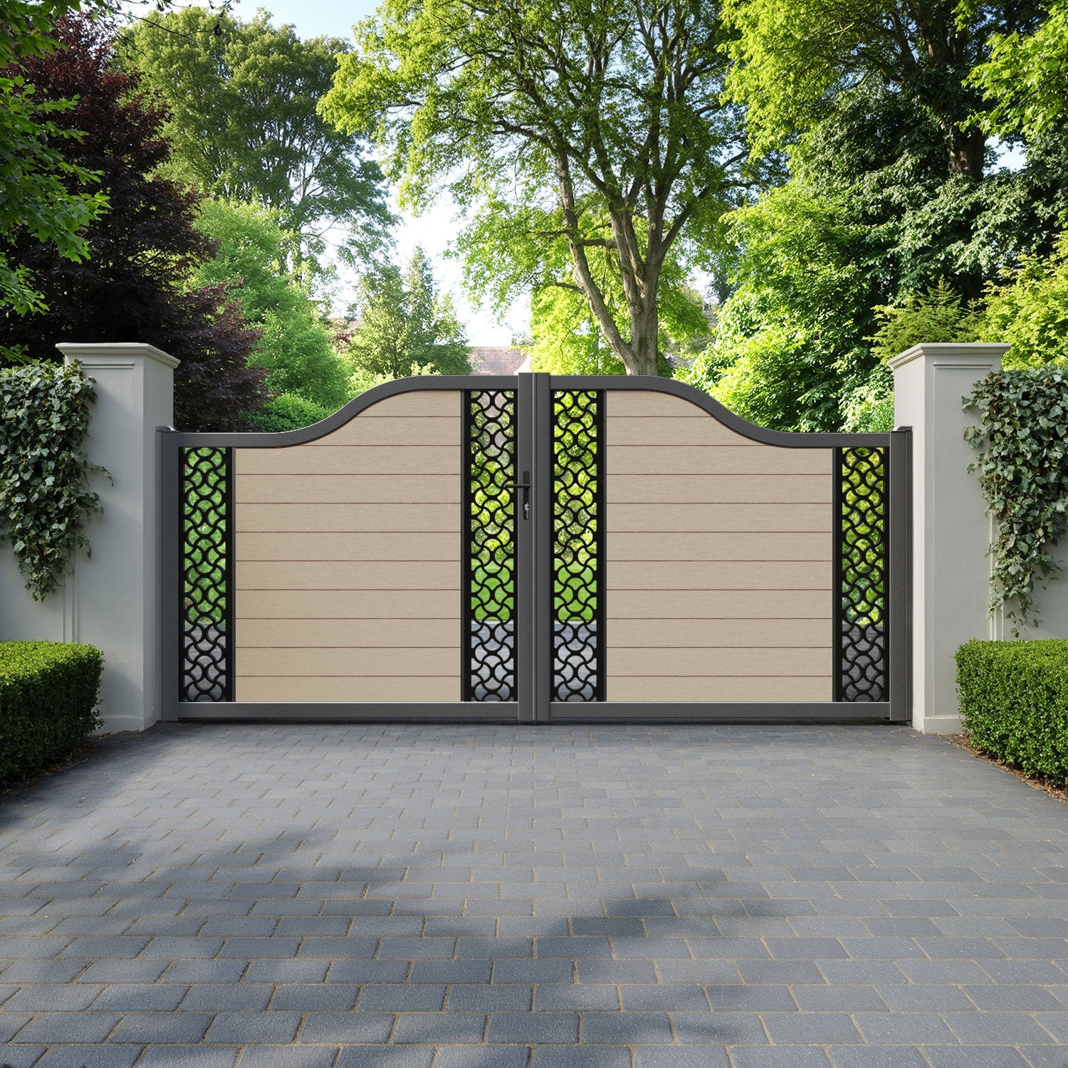 Fusion Vida Curved Top Driveway Gate - Light Oak - Middle & End Screen