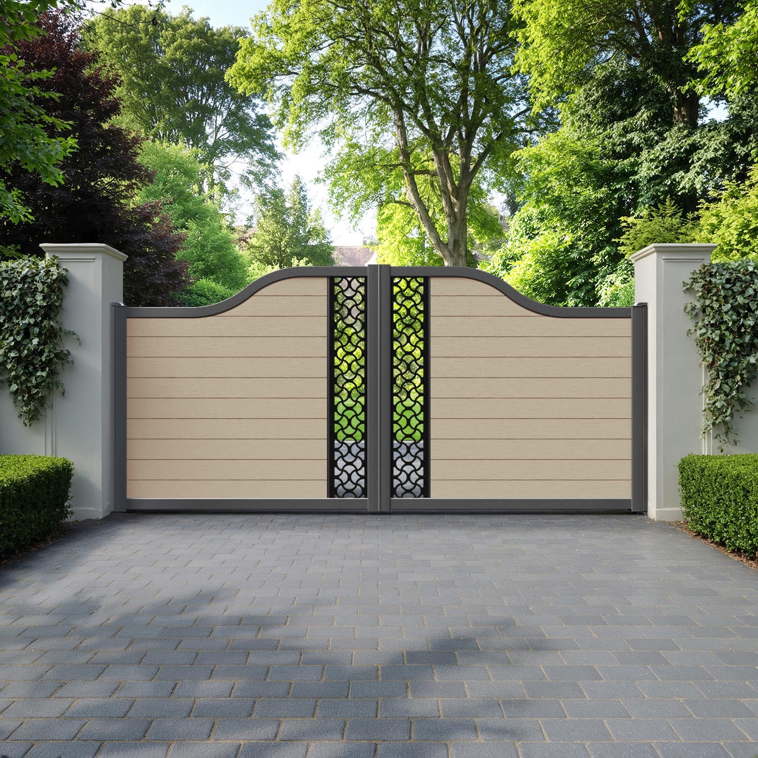 Fusion Vida Curved Top Driveway Gate - Light Oak - Middle Screen