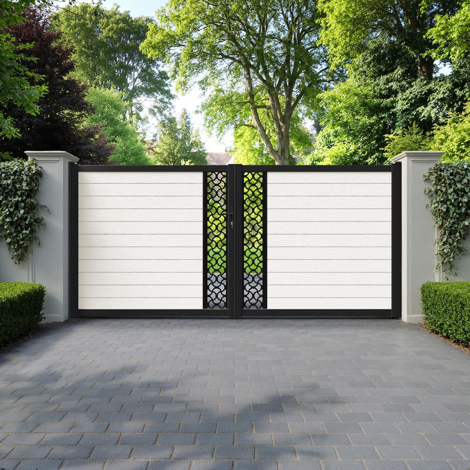 Fusion Vida Straight Top Driveway Gate - Light Stone - Middle Screen