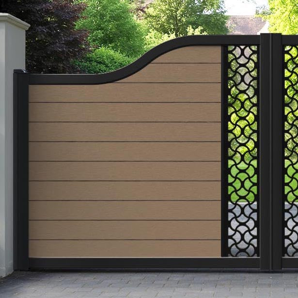 Fusion Vida Curved Top Driveway Gate - Teak - Middle Screen