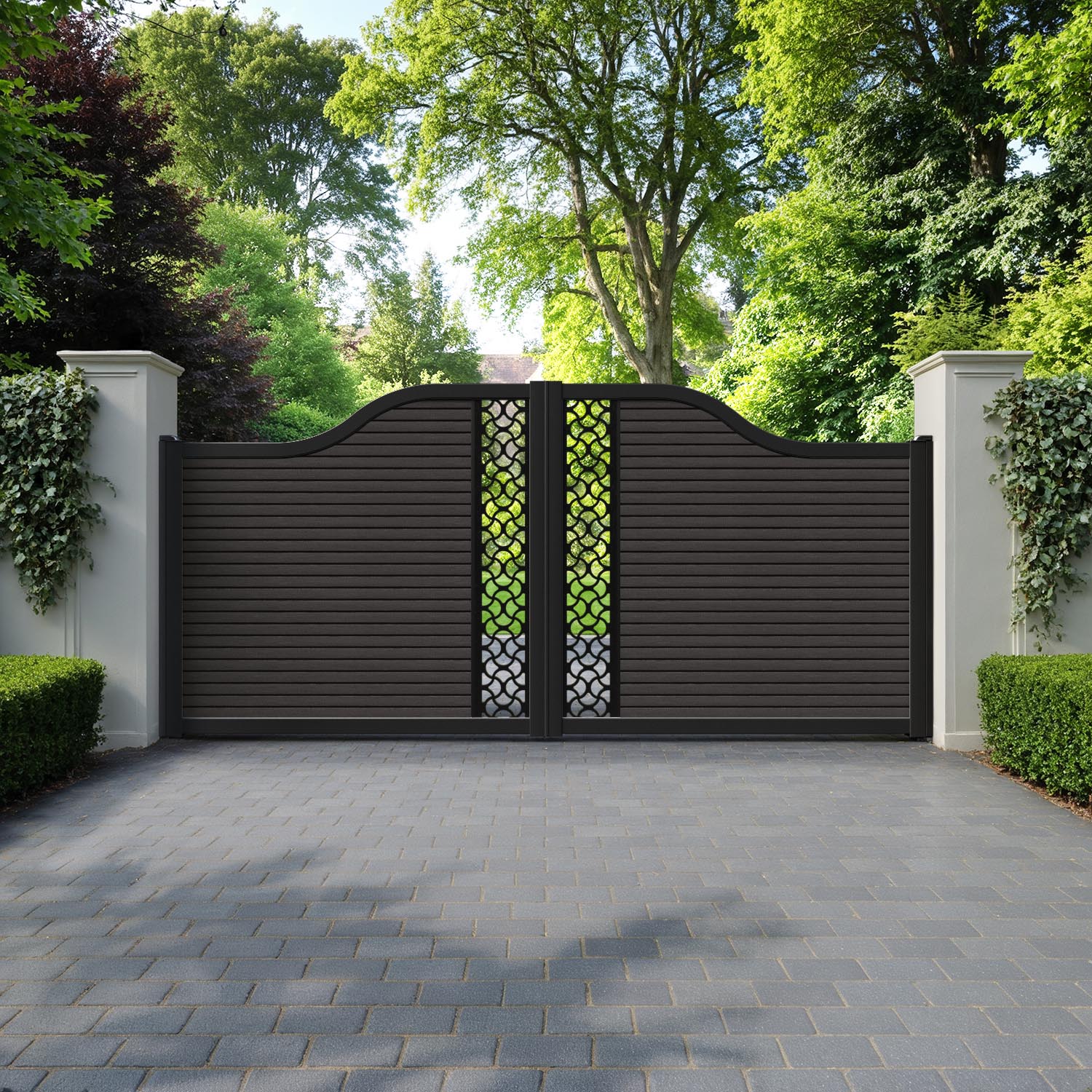 Hudson Vida Curved Top Driveway Gate - Dark Oak - Middle Screen