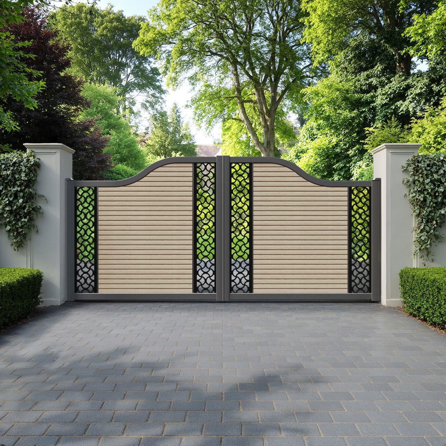 Hudson Vida Curved Top Driveway Gate - Light Oak - Middle & End Screen