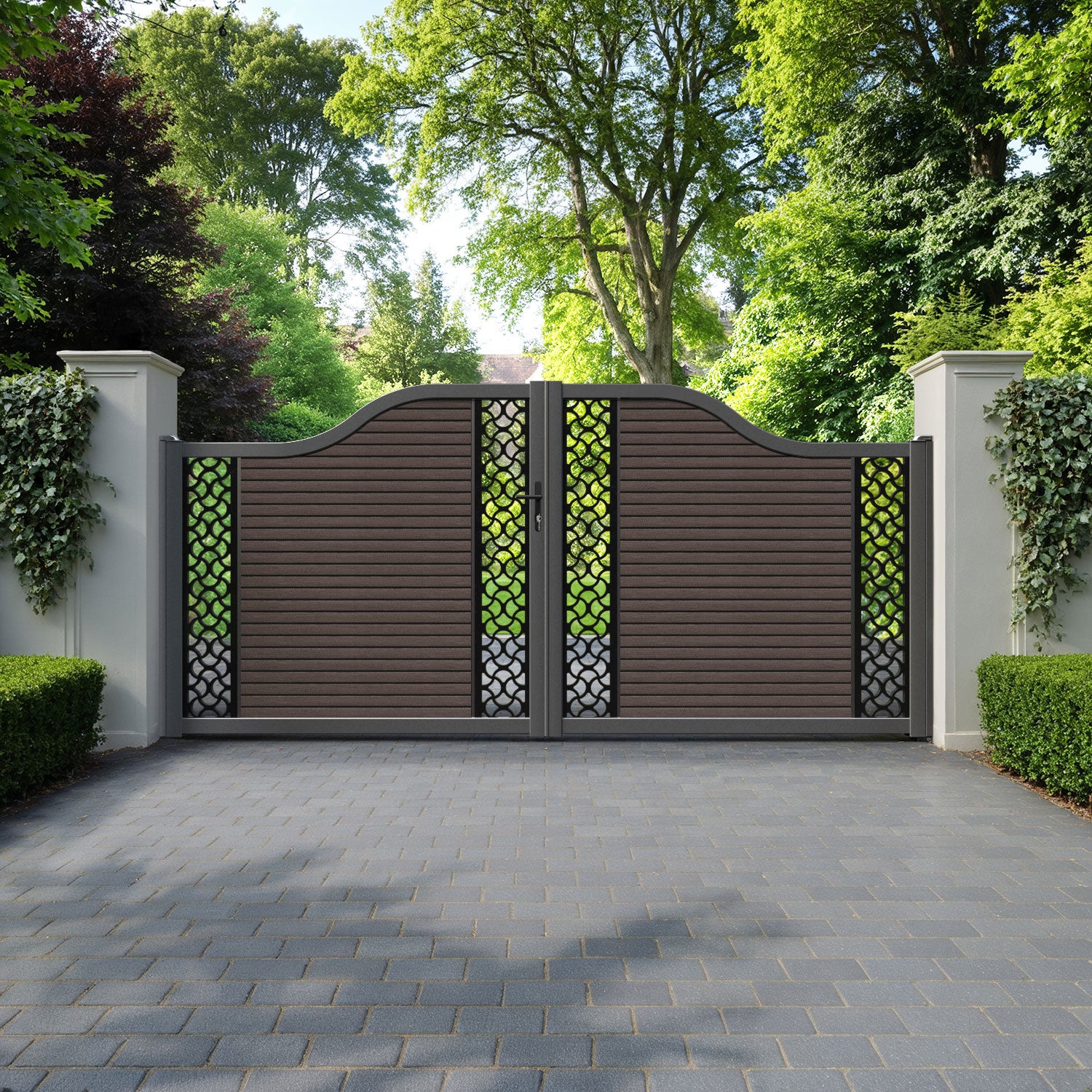 Hudson Vida Curved Top Driveway Gate - Mid Brown - Middle & End Screen