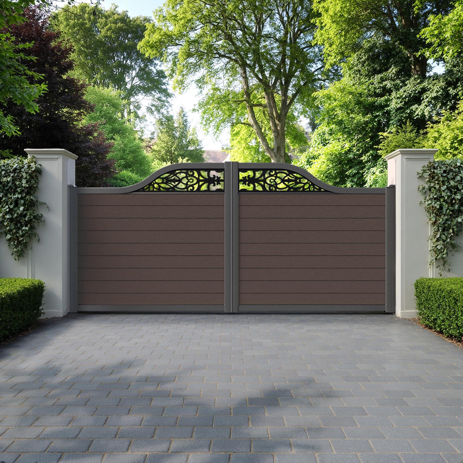Fusion Windsor Curved Top Driveway Gate - Mid Brown - Top Screen