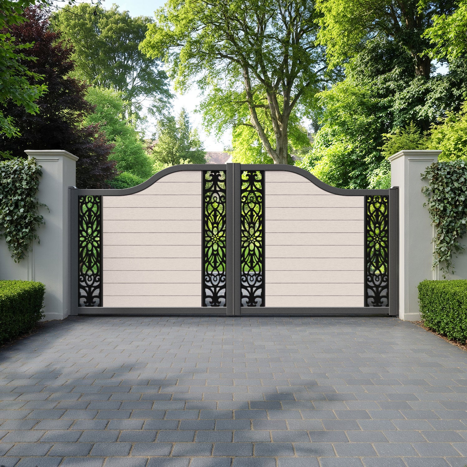 Fusion Windsor Curved Top Driveway Gate - Mid Stone - Middle & End Screen
