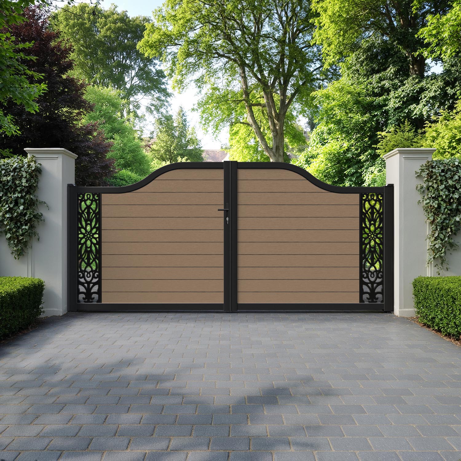 Fusion Windsor Curved Top Driveway Gate - Teak - End Screen