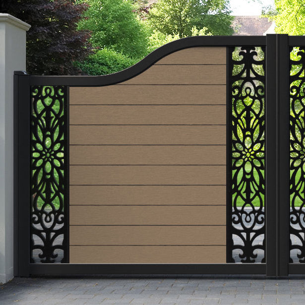 Fusion Windsor Curved Top Driveway Gate - Teak - Middle & End Screen