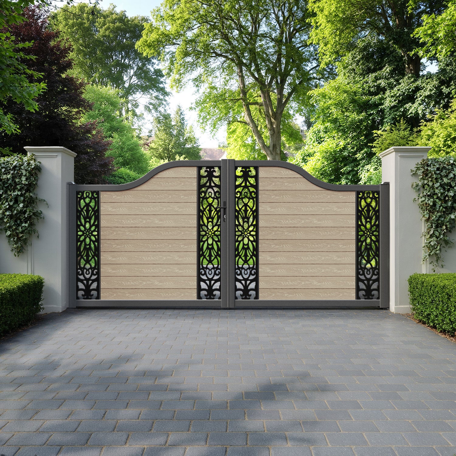 Classic Windsor Curved Top Driveway Gate - Light Oak - Middle & End Screen
