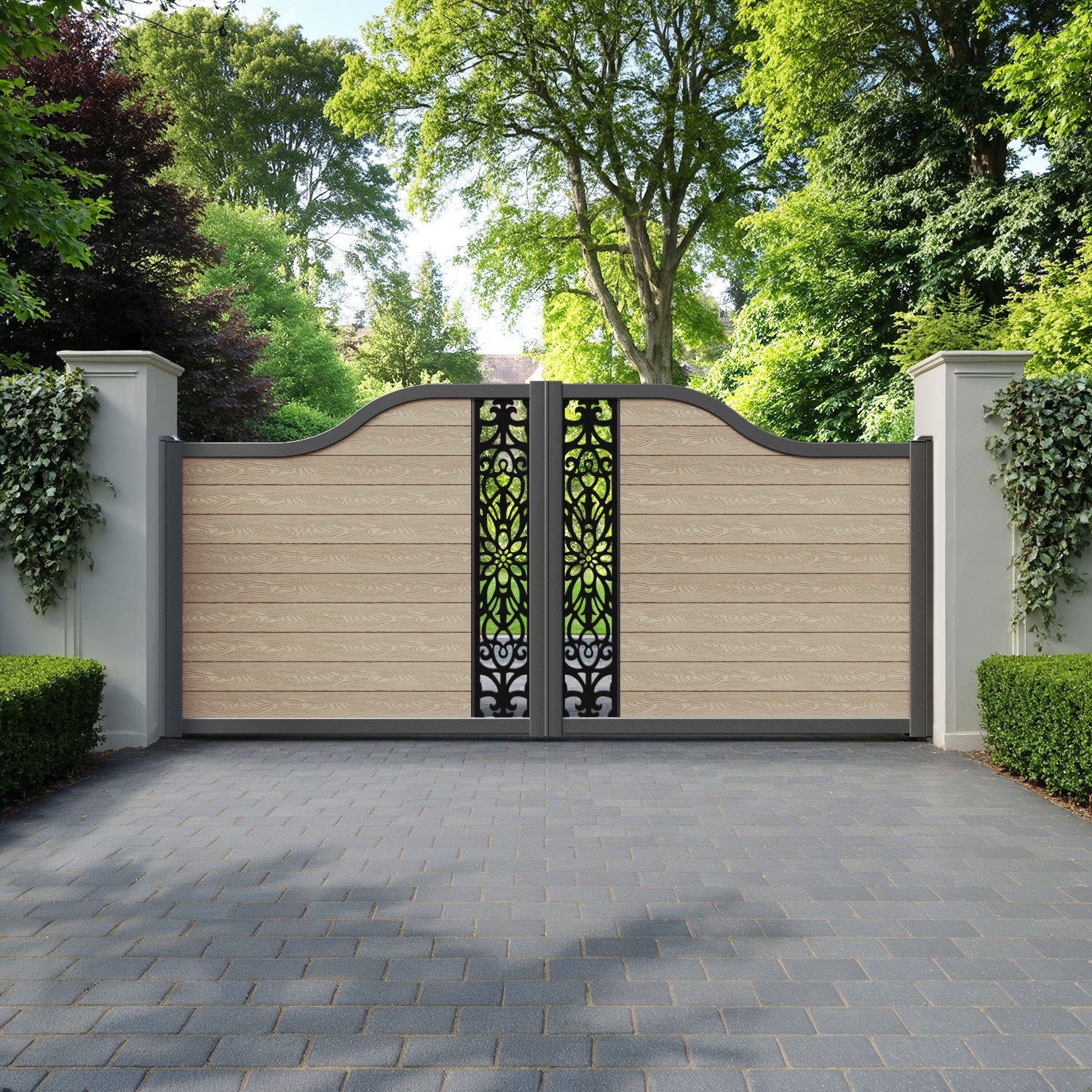 Classic Windsor Curved Top Driveway Gate - Light Oak - Middle Screen