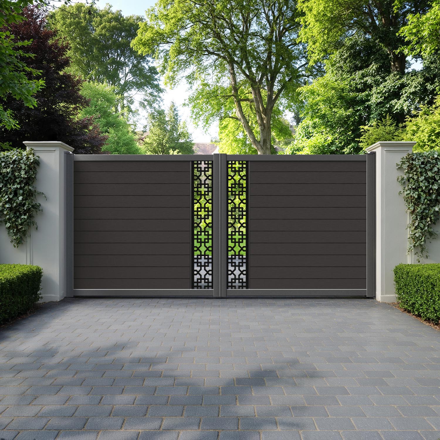 Fusion Zaria Straight Top Driveway Gate - Dark Oak - Middle Screen
