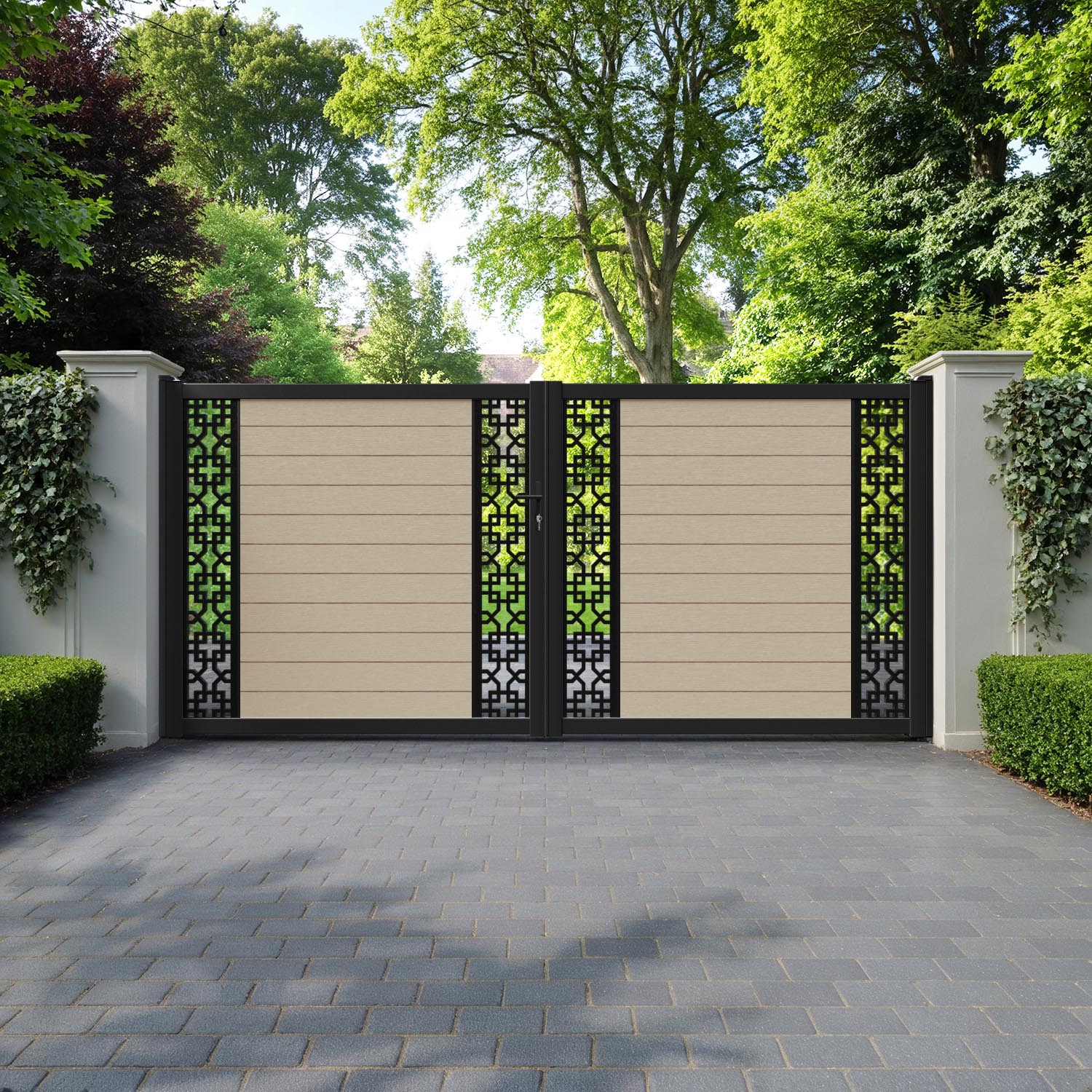 Fusion Zaria Straight Top Driveway Gate - Light Oak - Middle & End Screen