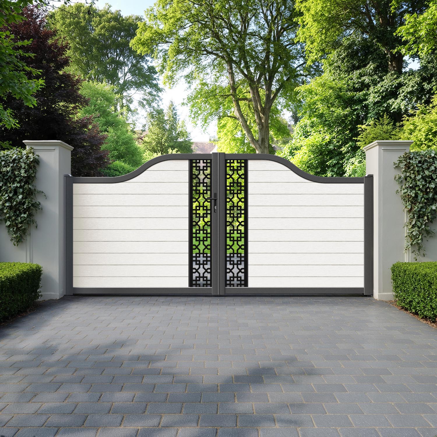 Fusion Zaria Curved Top Driveway Gate - Light Stone - Middle Screen