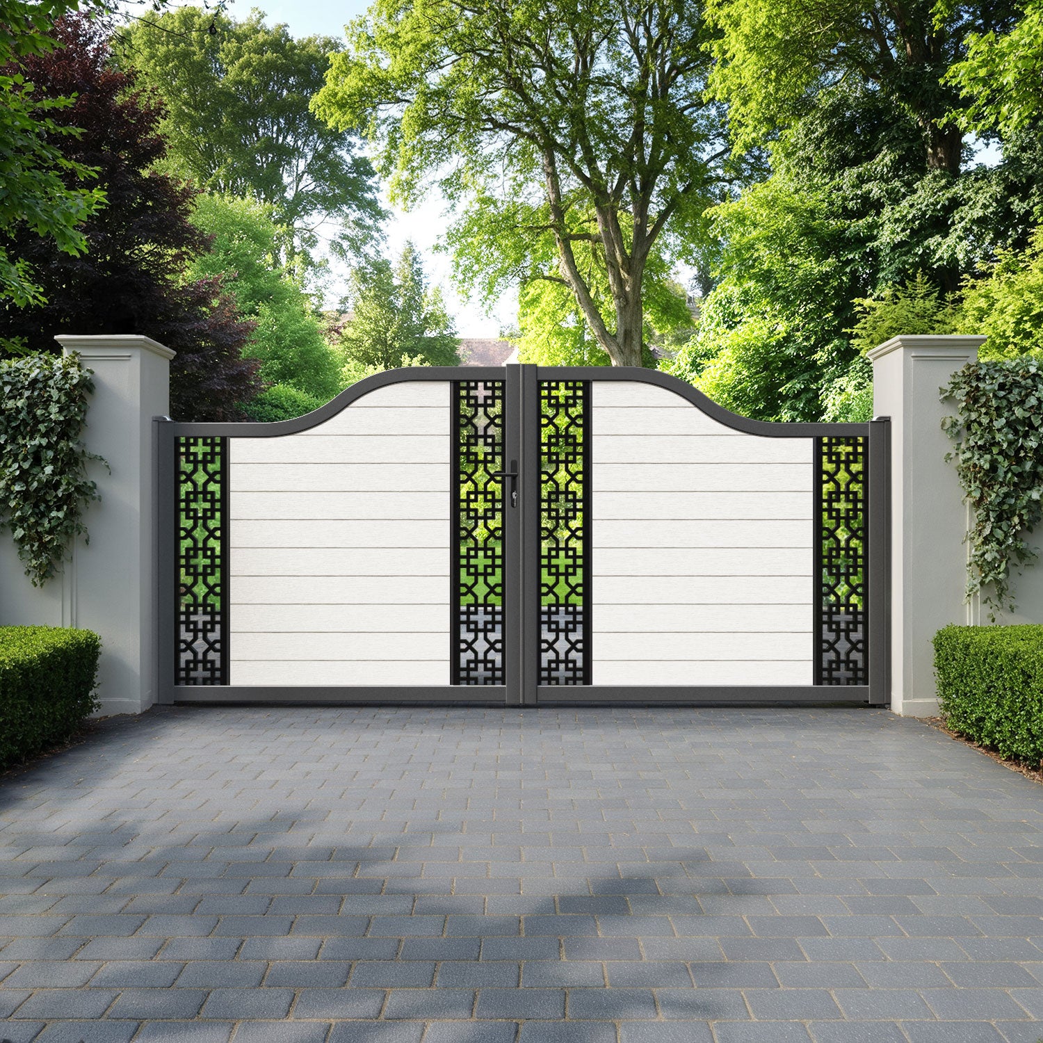 Fusion Zaria Curved Top Driveway Gate - Light Stone - Middle & End Screen