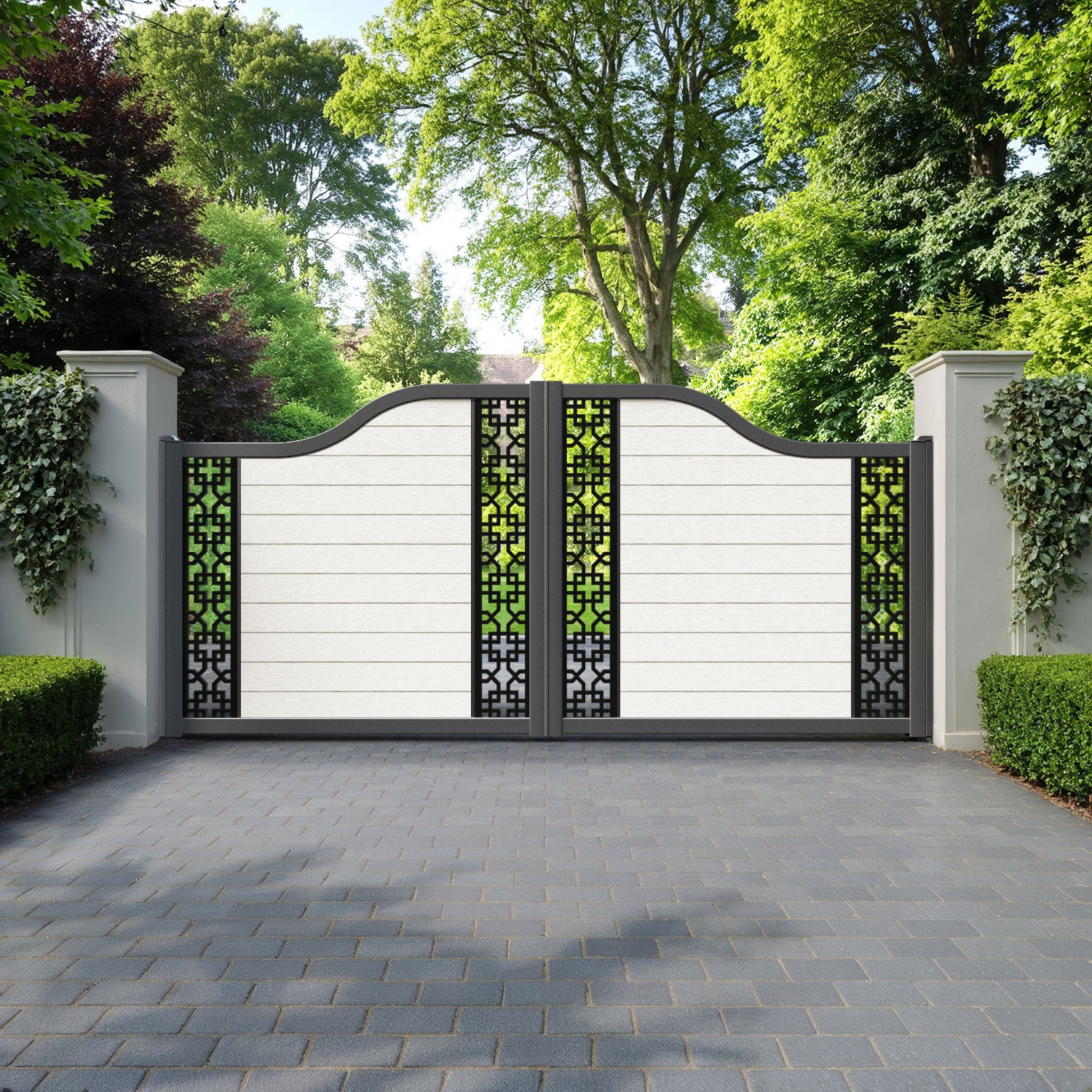 Fusion Zaria Curved Top Driveway Gate - Light Stone - Middle & End Screen