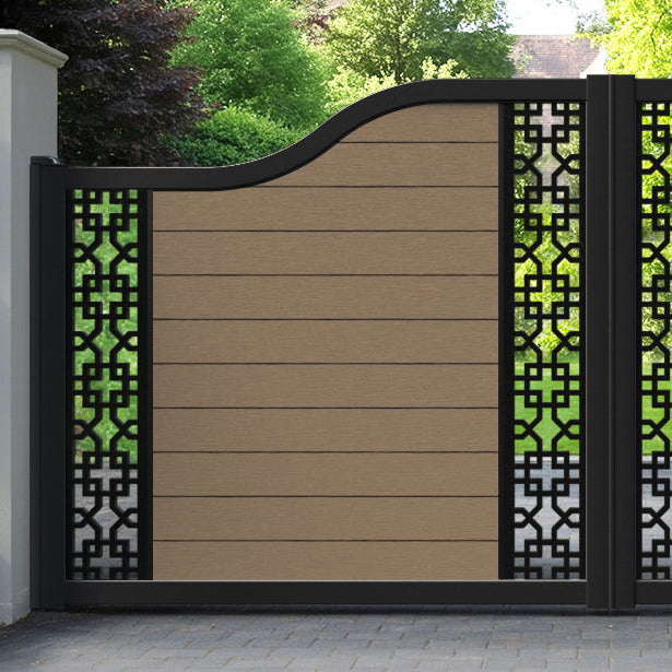 Fusion Zaria Curved Top Driveway Gate - Teak - Middle & End Screen