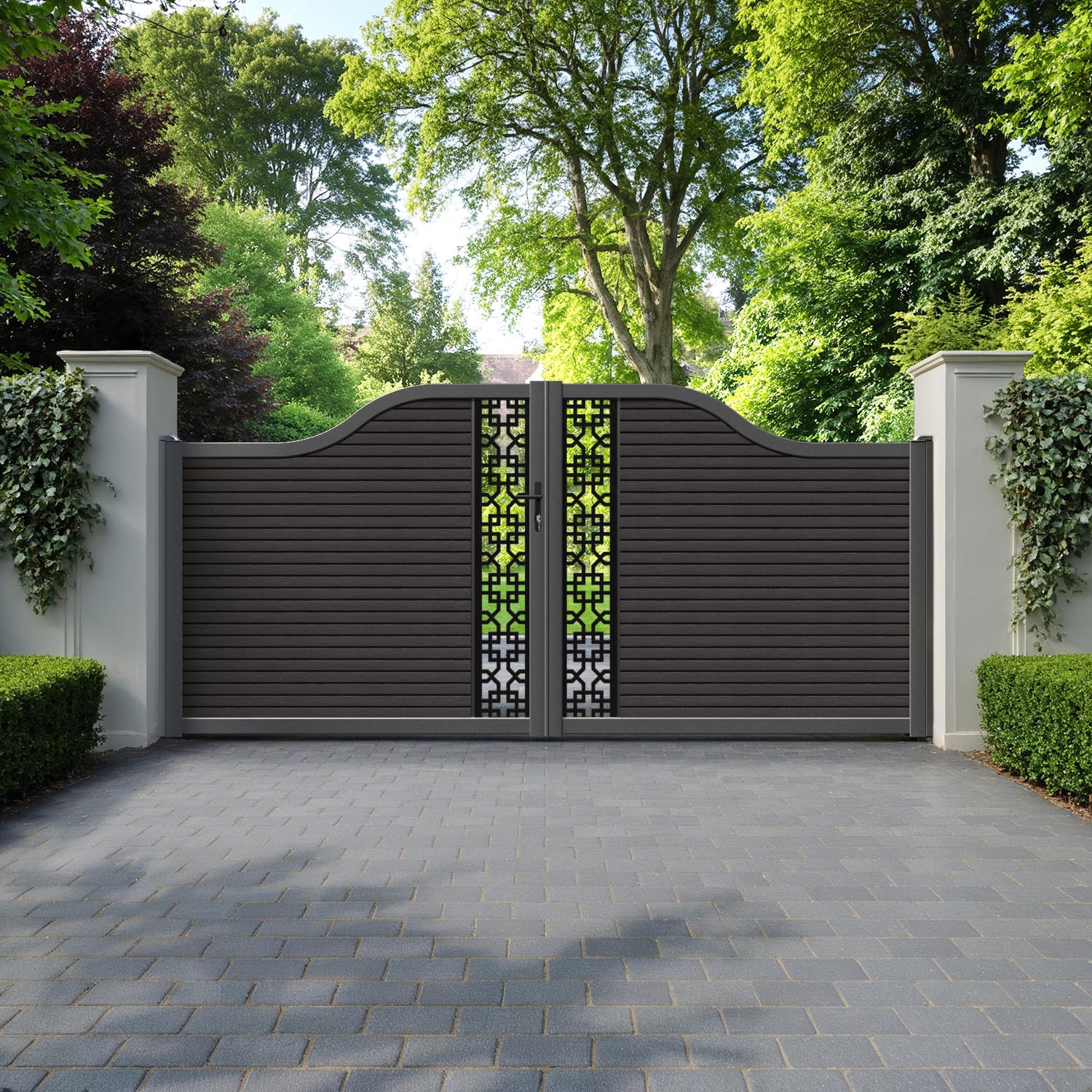 Hudson Zaria Curved Top Driveway Gate - Dark Oak - Middle Screen