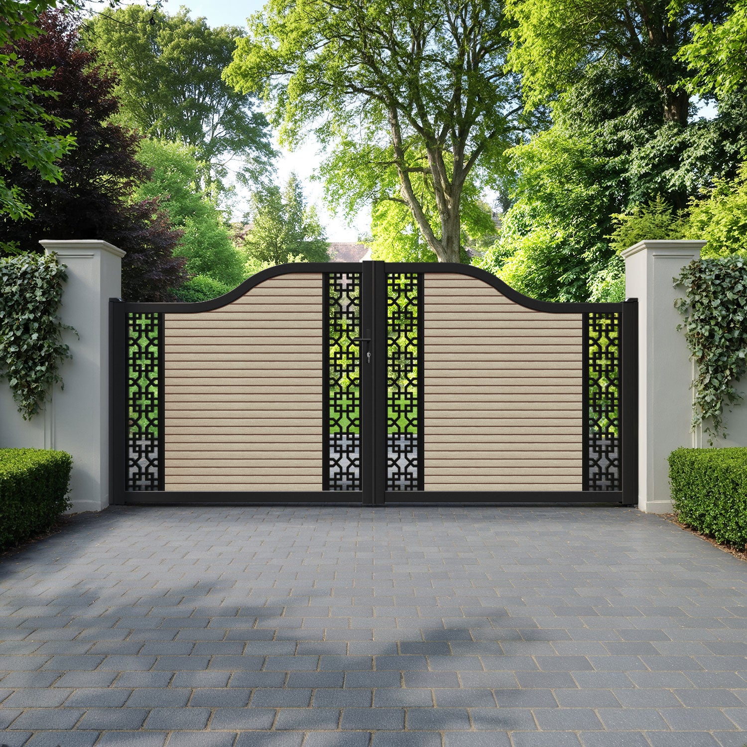 Hudson Zaria Curved Top Driveway Gate - Light Oak - Middle & End Screen