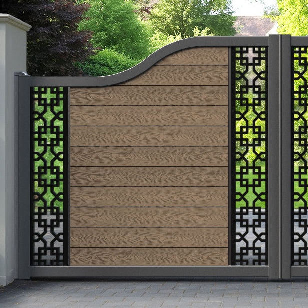 Classic Zaria Curved Top Driveway Gate - Teak - Middle & End Screen