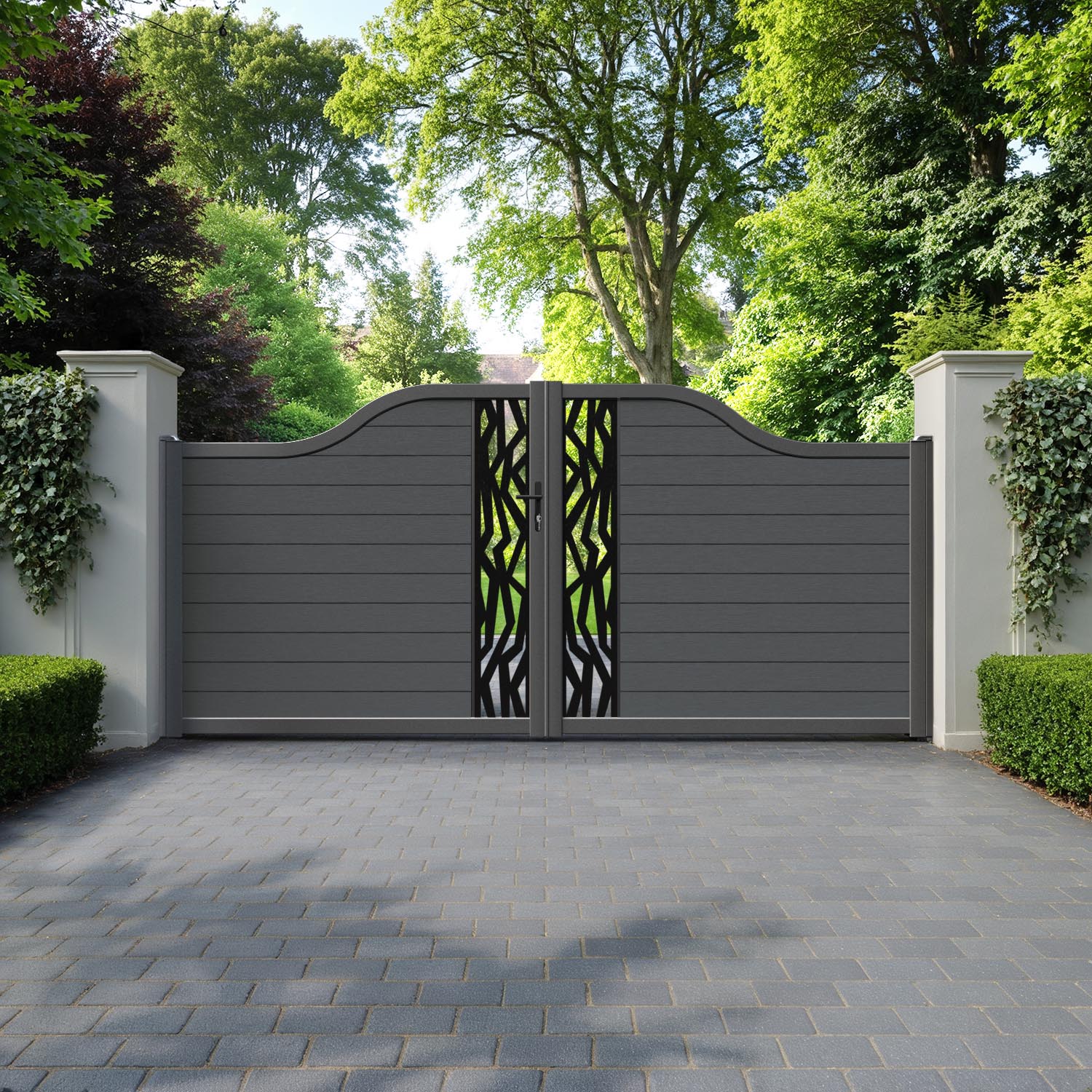 Fusion Zenith Curved Top Driveway Gate - Dark Grey - Middle Screen