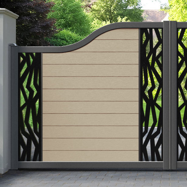 Fusion Zenith Curved Top Driveway Gate - Light Oak - Middle & End Screen