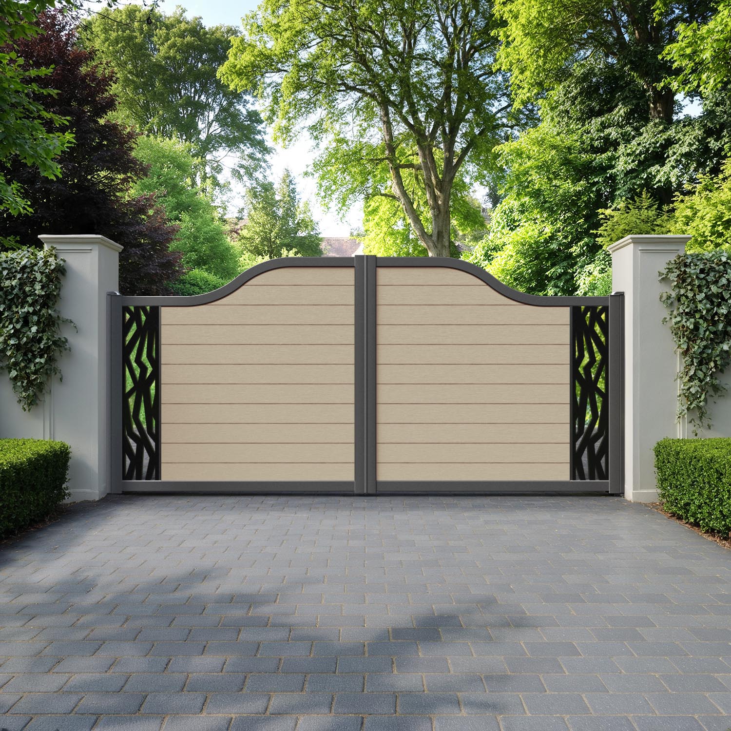 Fusion Zenith Curved Top Driveway Gate - Light Oak - End Screen