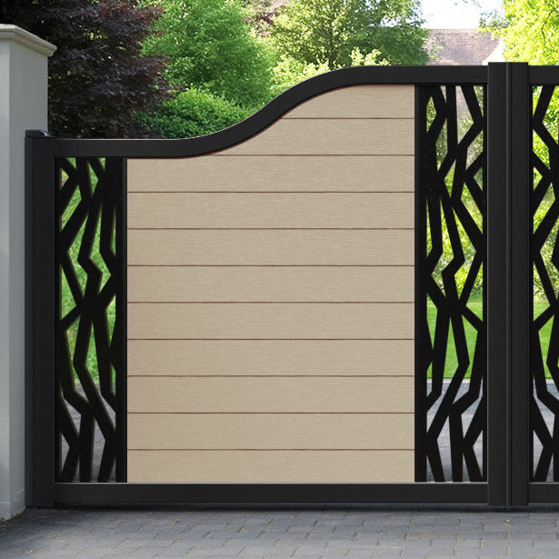 Fusion Zenith Curved Top Driveway Gate - Light Oak - Middle & End Screen