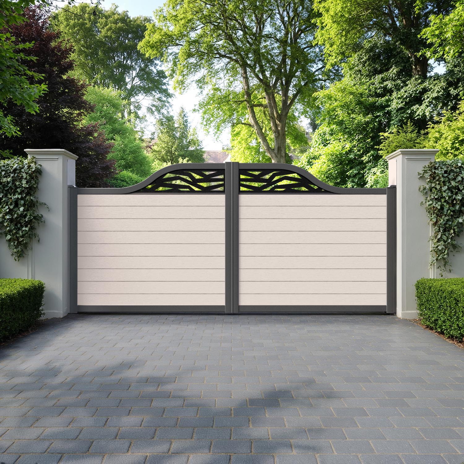Fusion Zenith Curved Top Driveway Gate - Mid Stone - Top Screen