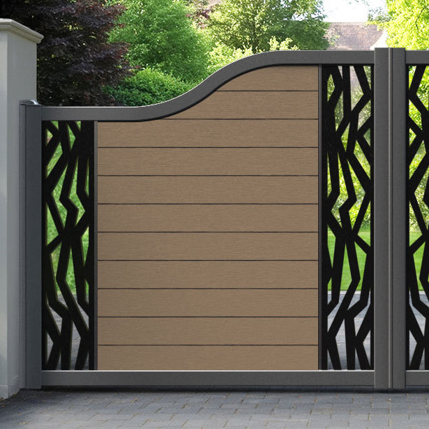 Fusion Zenith Curved Top Driveway Gate - Teak - Middle & End Screen