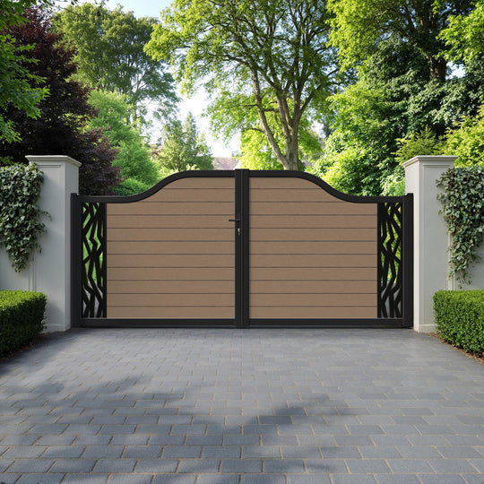 Fusion Zenith Curved Top Driveway Gate - Teak - End Screen