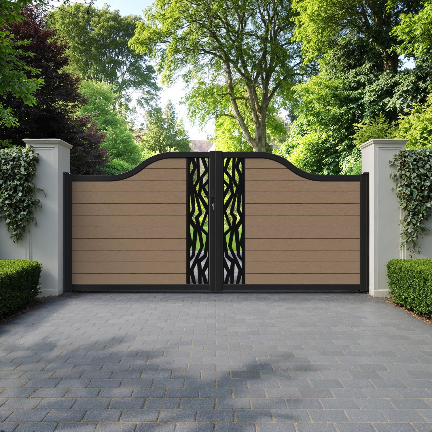 Fusion Zenith Curved Top Driveway Gate - Teak - Middle Screen