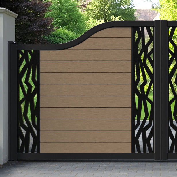 Fusion Zenith Curved Top Driveway Gate - Teak - Middle & End Screen