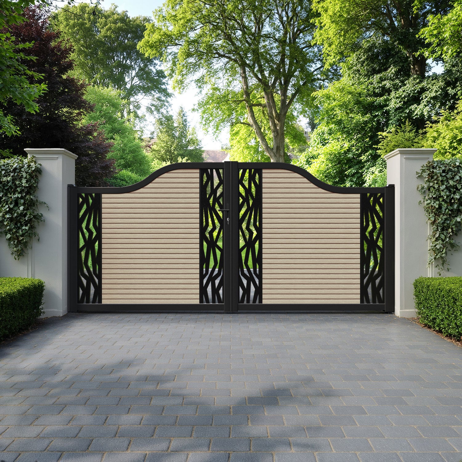 Hudson Zenith Curved Top Driveway Gate - Light Oak - Middle & End Screen