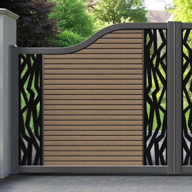 Hudson Zenith Curved Top Driveway Gate - Teak - Middle & End Screen