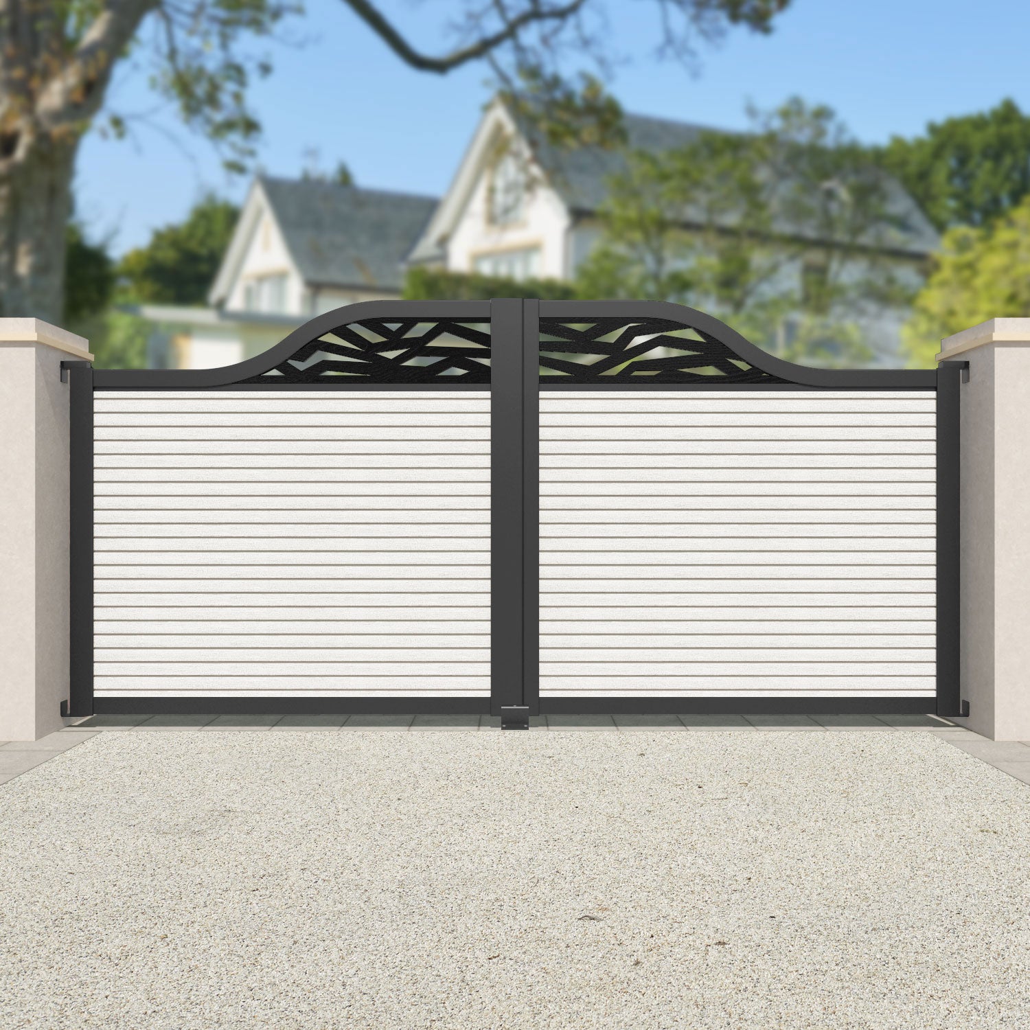 Hudson Zenith Curved Top Driveway Gate - Light Stone - Top Screen