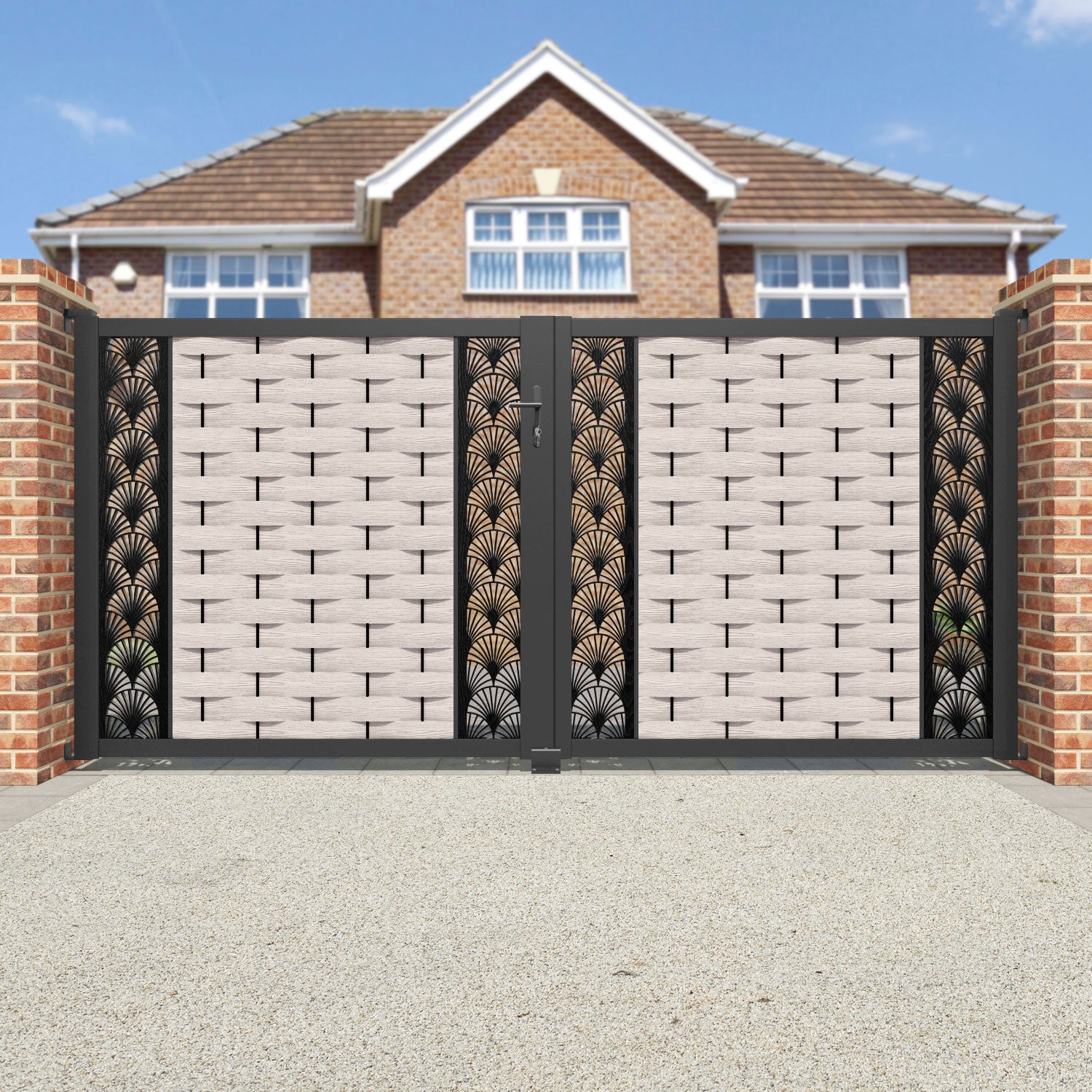 Ripple Laurel Straight Top Driveway Gate - Mid Stone - Middle & End Screen