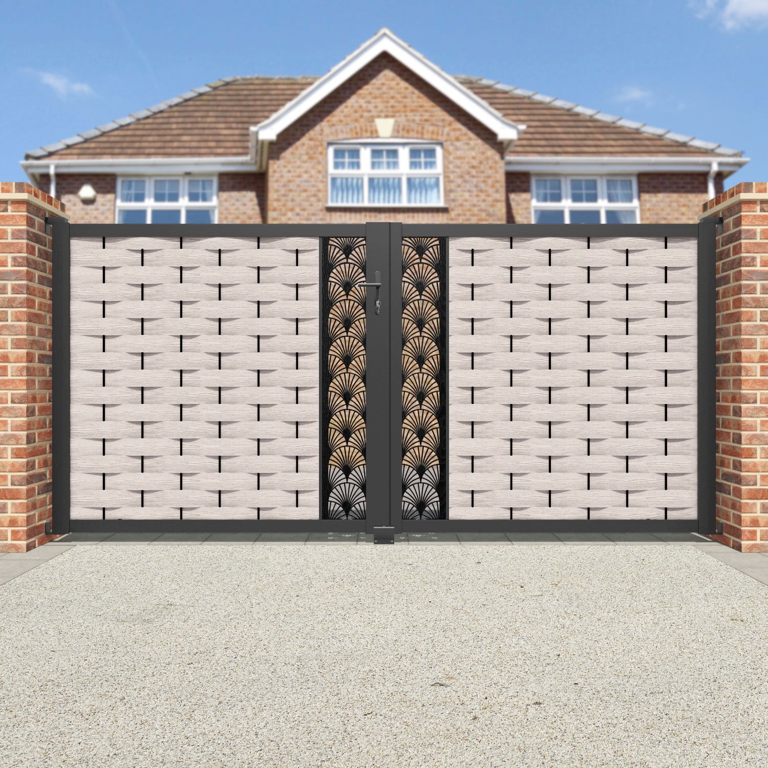Ripple Laurel Straight Top Driveway Gate - Mid Stone - Middle Screen
