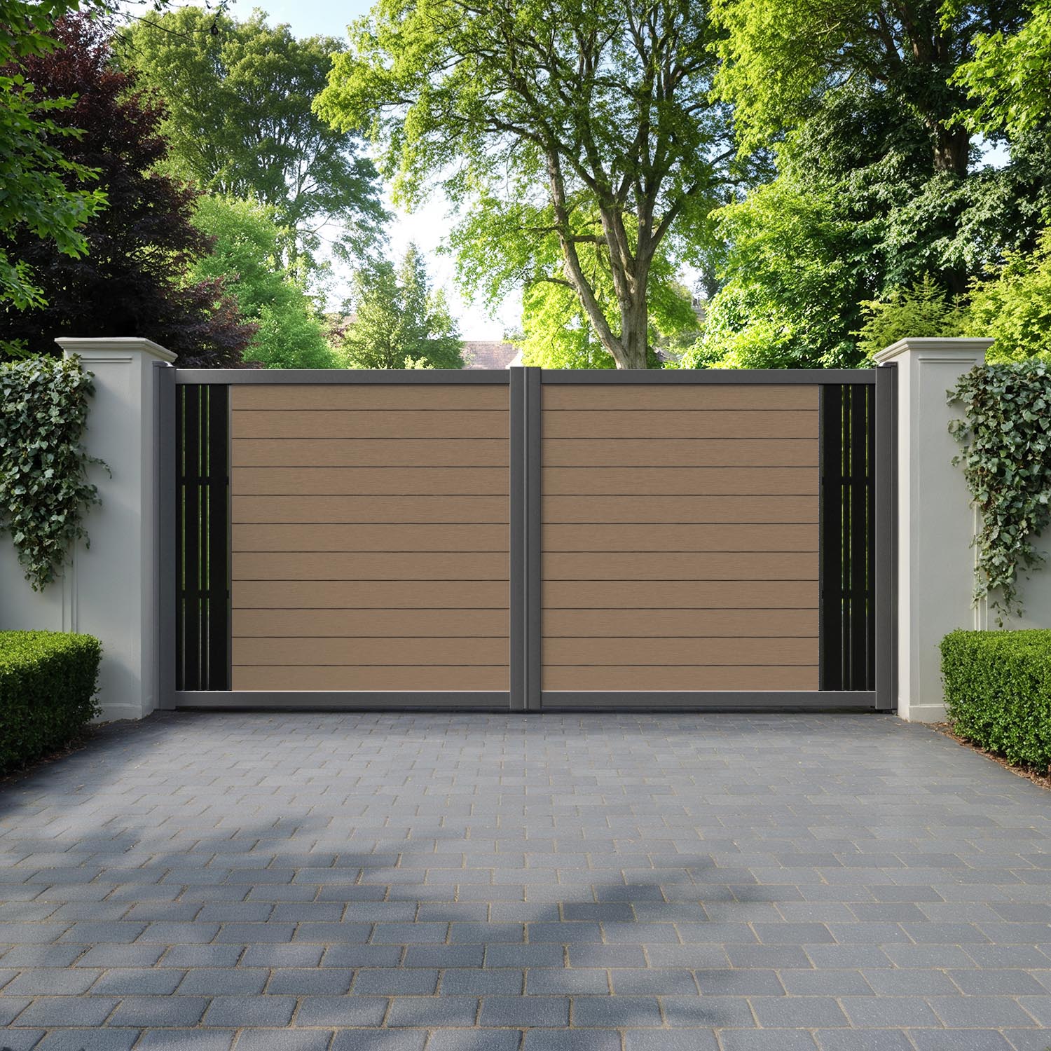 Fusion Linea Straight Top Driveway Gate - Teak - End Screen