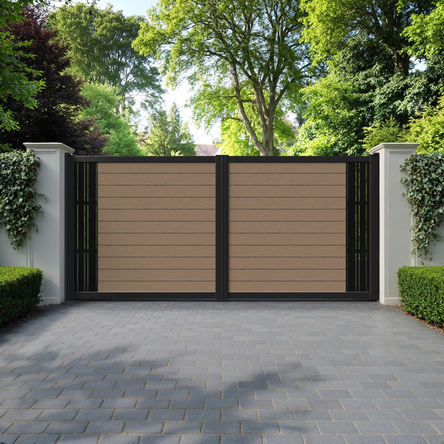 Fusion Linea Straight Top Driveway Gate - Teak - End Screen