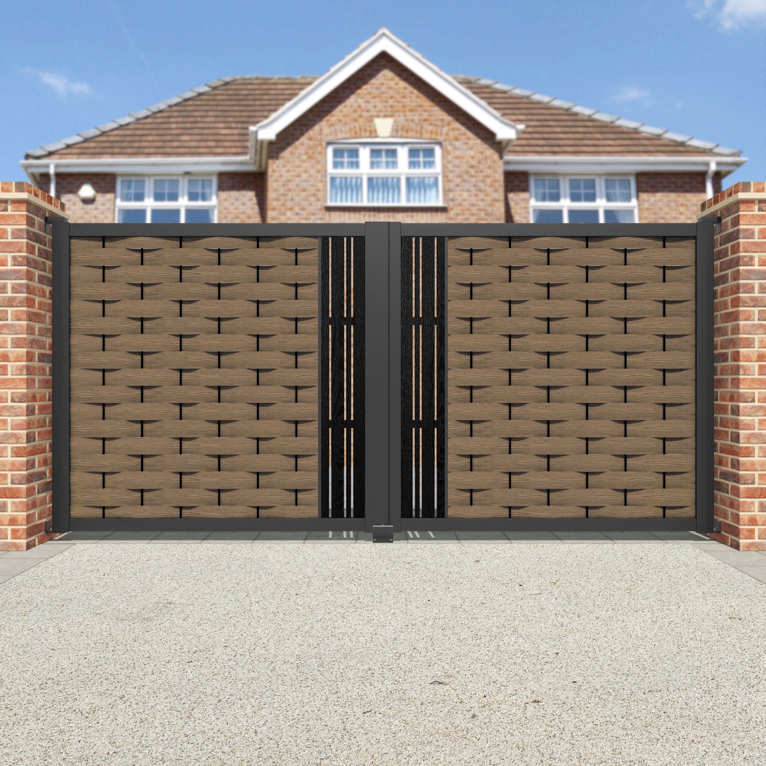 Ripple Linea Straight Top Driveway Gate - Teak - Middle Screen