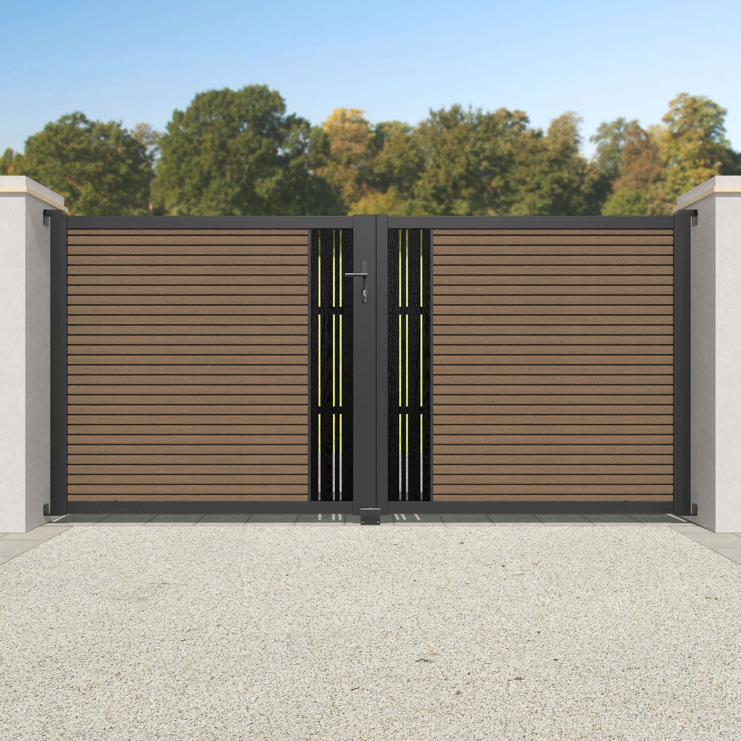 Hudson Linea Straight Top Driveway Gate - Teak - Middle Screen
