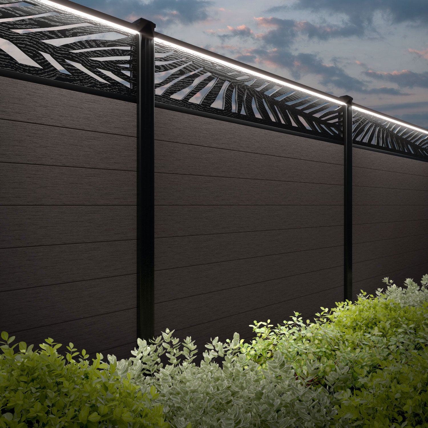 Fusion Palm Fence Panel - Mid Brown - with our aluminium posts